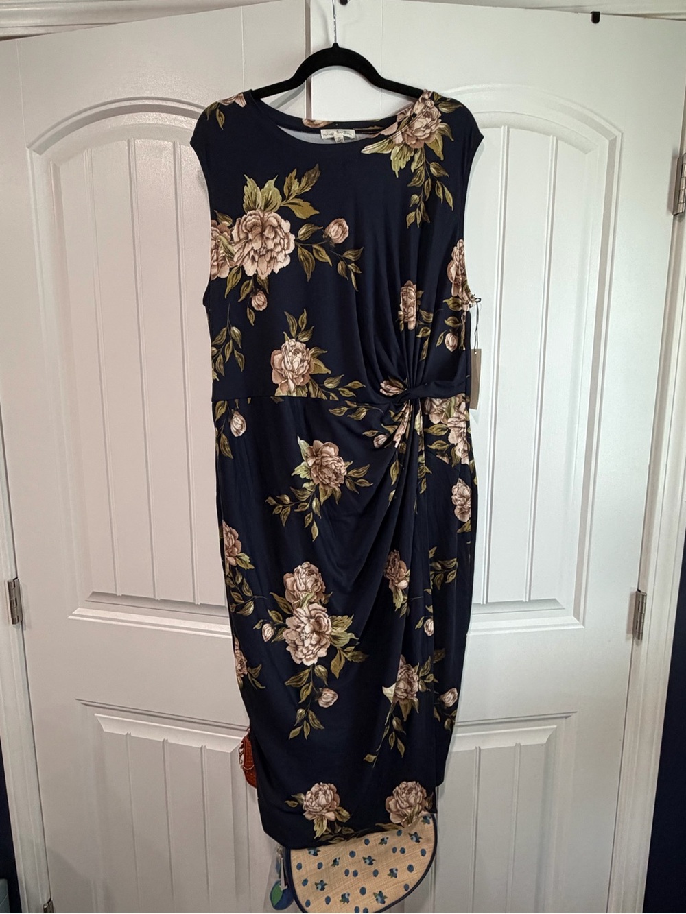 Sleeveless Navy Floral Knot-Detail Midi Dress
